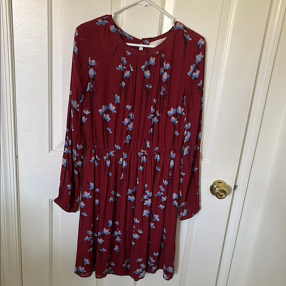 LOFT Burgundy Floral Long Sleeve Dress